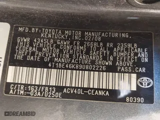 2009 Toyota Camry with VIN 4T1BE46K89U802226, listed as a IAAI auction lot 42088103 with 247,188 mi miles. Bid and sale history available at carsss.com. Image 9.