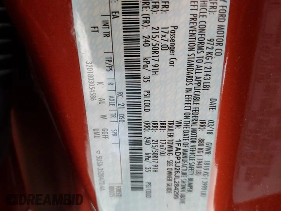2018 Ford Focus Titanium with VIN 1FADP3J26JL284299, listed as a Copart auction lot 58908325 with 79,331 mi miles and Salvage title. Bid and sale history available at DreamBid. Image 12.