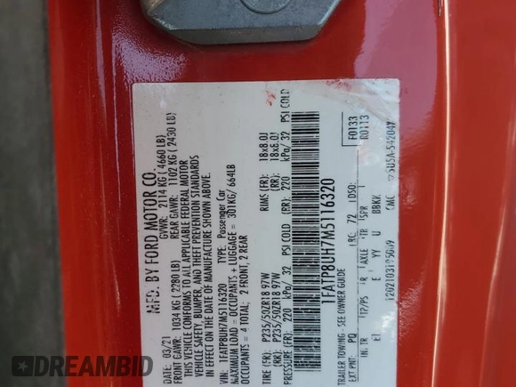 2021 Ford Mustang EcoBoost с VIN 1FATP8UH7M5116320, выставлен на аукционе Copart как лот 53651405 с пробегом 87 108 миль миль и Списание • Salvage title. История ставок и продаж доступна на DreamBid. Изображение 13.