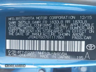 2016 Toyota Prius One with VIN JTDKDTB37G1117861, listed as a IAAI auction lot 41881771 with 204,882 mi miles and . Bid and sale history available at DreamBid. Image 9.