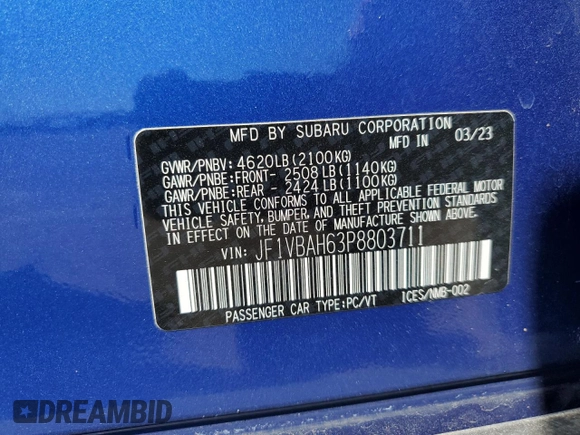 2023 Subaru WRX Premium с VIN JF1VBAH63P8803711, выставлен на аукционе Copart как лот 57119005 с пробегом 18 603 миль миль и Списание • Salvage title. История ставок и продаж доступна на DreamBid. Изображение 13.