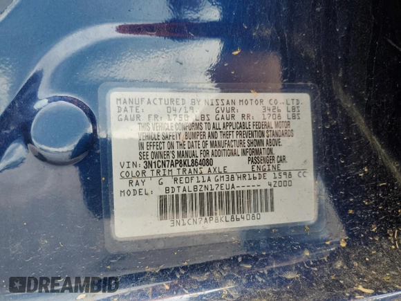 2019 Nissan Versa SV z VIN 3N1CN7AP8KL864080, wystawiony jako Copart lot #55659895 z przebiegiem 107 552 mil mil oraz Szkoda całkowita • Salvage title. Historia ofert i sprzedaży dostępna na DreamBid. Obrazek 13.