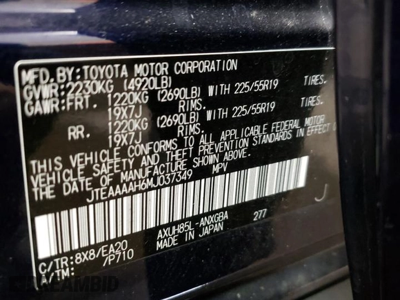2021 Toyota Venza LE with VIN JTEAAAAH6MJ037349, listed as a Copart auction lot 68433332 with 64,312 mi miles. Bid and sale history available at carsss.com. Image 13.
