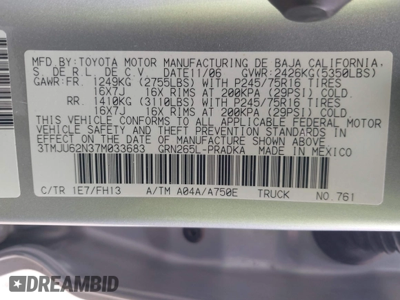 2007 Toyota Tacoma PreRunner z VIN 3TMJU62N37M033683, wystawiony jako IAAI lot #42383346 z przebiegiem 138 683 mil mil oraz . Historia ofert i sprzedaży dostępna na DreamBid. Obrazek 9.