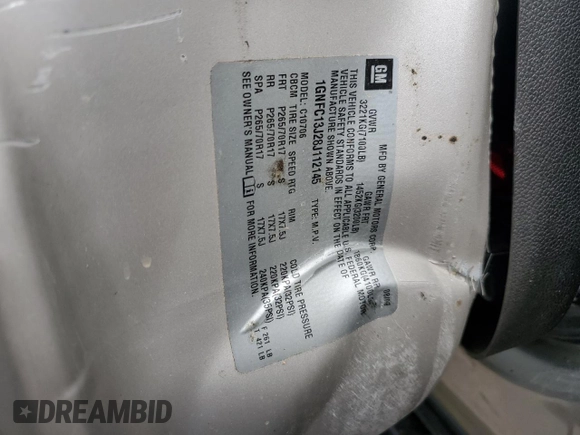 2008 Chevrolet Tahoe 1LT with VIN 1GNFC13J28J112145, listed as a Copart auction lot 54516435 with Not provided miles and Salvage title. Bid and sale history available at DreamBid. Image 13.