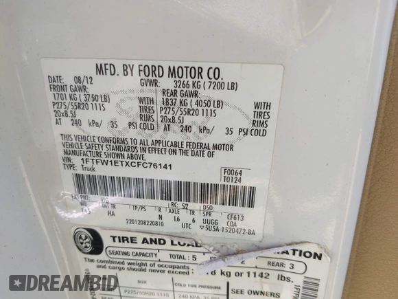 2012 Ford F-150 XL с VIN 1FTFW1ETXCFC76141, выставлен на аукционе IAAI как лот 42387027 с пробегом 299 453 миль миль и . История ставок и продаж доступна на DreamBid. Изображение 9.