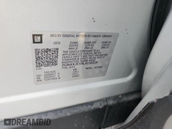 2020 Chevrolet Equinox LT z VIN 2GNAXJEV9L6155319, wystawiony jako IAAI lot #42575790 z przebiegiem 84 186 mil mil oraz . Historia ofert i sprzedaży dostępna na DreamBid. Obrazek 24.