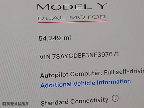 2022 Tesla Model Y Performance with VIN 7SAYGDEF3NF397671, listed as a IAAI auction lot 41459991 with NaN miles. Bid and sale history available at carsss.com. Image 14.