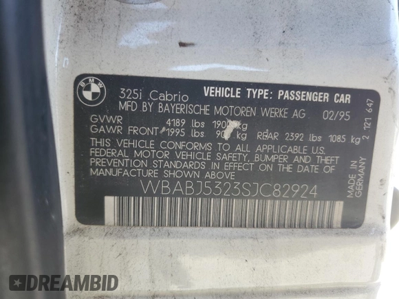 1995 BMW 3 Series с VIN WBABJ5323SJC82924, выставлен на аукционе Copart как лот 50473745 с пробегом 250 966 миль миль и Чистый • Clean title. История ставок и продаж доступна на DreamBid. Изображение 13.