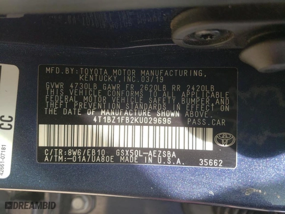 2019 Toyota Avalon XLE with VIN 4T1BZ1FB2KU029696, listed as a Copart auction lot 47067895 with 44,481 mi miles and Salvage Title. Bid and sale history available at carsss.com. Image 14.