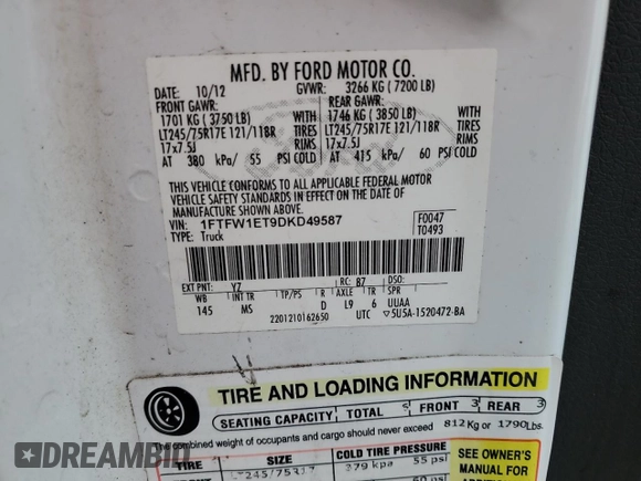 2013 Ford F-150 XL with VIN 1FTFW1ET9DKD49587, listed as a Copart auction lot 56917335 with Not provided miles and Salvage title. Bid and sale history available at DreamBid. Image 12.