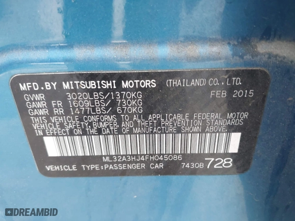 2015 Mitsubishi Mirage DE with VIN ML32A3HJ4FH045086, listed as a IAAI auction lot 42068823 with 83,250 mi miles. Bid and sale history available at carsss.com. Image 9.