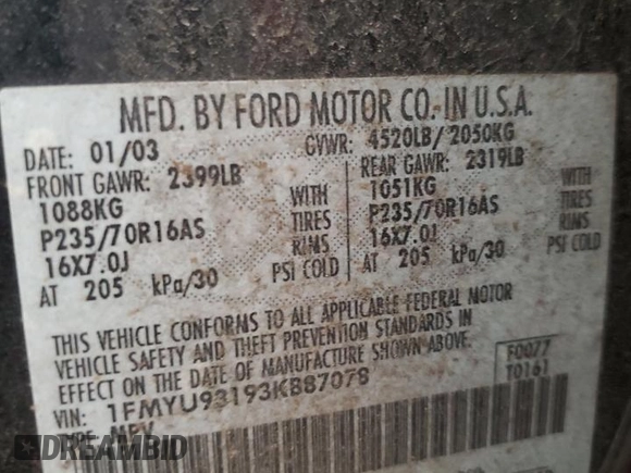 2003 Ford Escape XLT Popular 2 with VIN 1FMYU93193KB87078, listed as a Copart auction lot 59018205 with 222,082 mi miles and Salvage title. Bid and sale history available at DreamBid. Image 13.