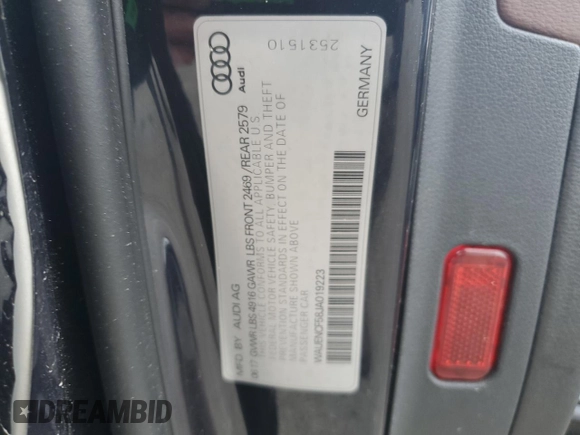 2018 Audi A5 Sportback Premium Plus with VIN WAUENCF58JA019223, listed as a Copart auction lot 66799053 with 0 mi miles. Bid and sale history available at carsss.com. Image 13.