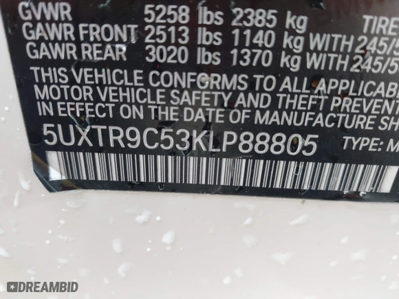 2019 BMW X3 xDrive30i with VIN 5UXTR9C53KLP88805, listed as a IAAI auction lot 41525248 with 73,248 mi miles. Bid and sale history available at carsss.com. Image 9.