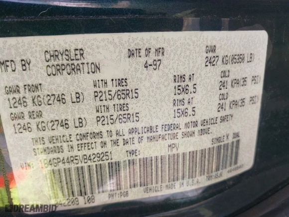1997 Dodge Caravan SE with VIN 1B4GP44R5VB429251, listed as a IAAI auction lot 41642902 with 186,560 mi miles. Bid and sale history available at carsss.com. Image 9.