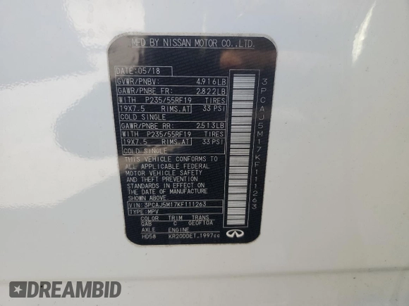 2019 Infiniti QX50 LUXE with VIN 3PCAJ5M17KF111263, listed as a Copart auction lot 49467035 with 103,232 mi miles and Non Repairable. Bid and sale history available at carsss.com. Image 13.