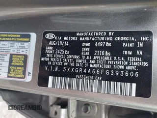 2015 Kia Optima SXL Turbo with VIN 5XXGR4A66FG393606, listed as a IAAI auction lot 42005693 with 194,747 mi miles and . Bid and sale history available at DreamBid. Image 9.