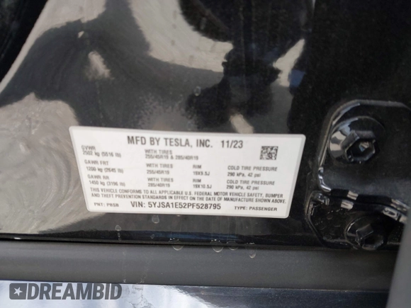 2023 Tesla Model S with VIN 5YJSA1E52PF528795, listed as a IAAI auction lot 42110660 with 21,243 mi miles and . Bid and sale history available at DreamBid. Image 9.