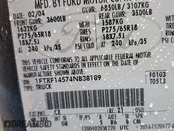2004 Ford F-150 XL with VIN 1FTRF14574NB38189, listed as a Copart auction lot 48372435 with 273,991 mi miles and Salvage Title. Bid and sale history available at DreamBid. Image 12.