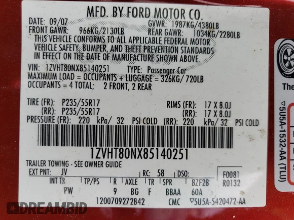 2008 Ford Mustang Deluxe with VIN 1ZVHT80NX85140251, listed as a Copart auction lot 52369645 with 143,646 mi miles and Salvage Title. Bid and sale history available at carsss.com. Image 12.