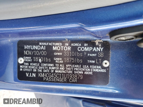 2001 Hyundai Accent GL with VIN KMHCG45C11U193879, listed as a Copart auction lot 37525334 with 150,951 mi miles and Salvage Title. Bid and sale history available at carsss.com. Image 12.