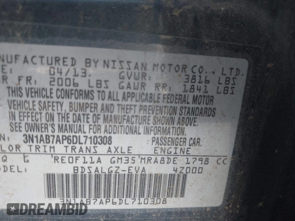 2013 Nissan Sentra S with VIN 3N1AB7AP6DL710308, listed as a IAAI auction lot 42127247 with 217,695 mi miles and . Bid and sale history available at DreamBid. Image 9.