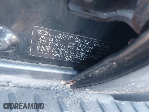 2004 Hyundai Santa Fe GLS with VIN KM8SC73E04U611897, listed as a IAAI auction lot 41648490 with Not provided miles and . Bid and sale history available at DreamBid. Image 9.