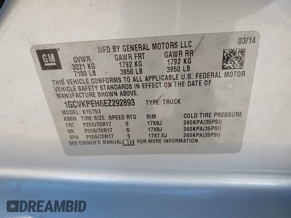2014 Chevrolet Silverado 1500 Work Truck with VIN 1GCVKPEH6EZ292893, listed as a IAAI auction lot 41370944 with 155,863 mi miles and . Bid and sale history available at DreamBid. Image 9.