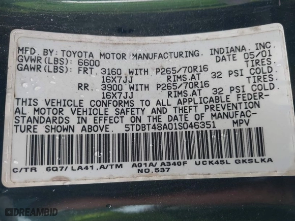 2001 Toyota Sequoia Limited with VIN 5TDBT48A01S046351, listed as a IAAI auction lot 41681033 with 243,974 mi miles. Bid and sale history available at carsss.com. Image 9.