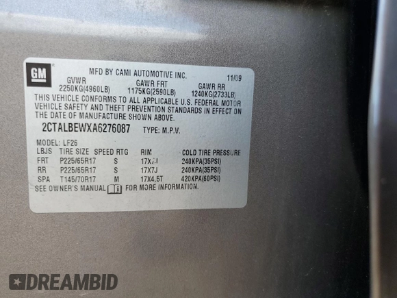 2010 GMC Terrain SLE-1 with VIN 2CTALBEWXA6276087, listed as a Copart auction lot 62078465 with 122,010 mi miles and Salvage title. Bid and sale history available at DreamBid. Image 12.