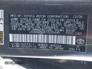 2007 Toyota Prius z VIN JTDKB20U473225645, wystawiony jako IAAI lot #42409516 z przebiegiem 154 050 mil mil oraz . Historia ofert i sprzedaży dostępna na DreamBid. Obrazek 9.