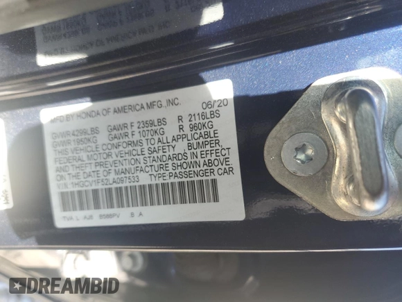2020 Honda Accord EX-L with VIN 1HGCV1F52LA097533, listed as a Copart auction lot 52372595 with 62,794 mi miles and Salvage title. Bid and sale history available at DreamBid. Image 15.