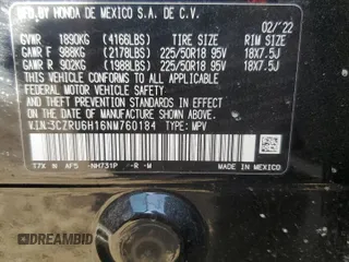 2022 Honda HR-V Sport with VIN 3CZRU6H16NM760184, listed as a Copart auction lot 85917444 with Not Provided miles and Salvage Title. Bid and sale history available at carsss.com. Image 15.