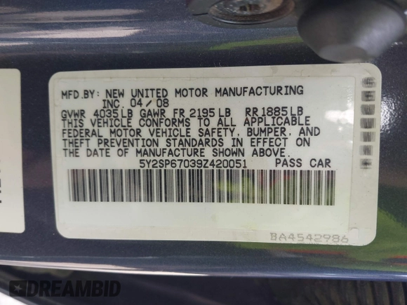 2009 Pontiac Vibe 1SB with VIN 5Y2SP67039Z420051, listed as a IAAI auction lot 42159752 with 202,080 mi miles and . Bid and sale history available at DreamBid. Image 9.