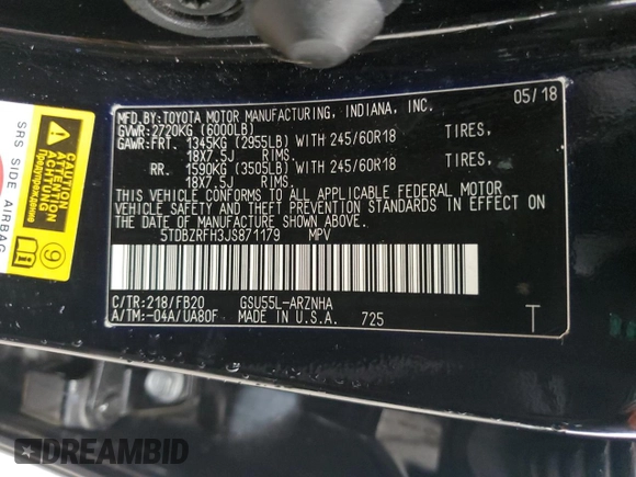 2018 Toyota Highlander LE z VIN 5TDBZRFH3JS871179, wystawiony jako Copart lot #59553235 z przebiegiem 130 069 mil mil oraz Szkoda całkowita • Salvage title. Historia ofert i sprzedaży dostępna na DreamBid. Obrazek 14.