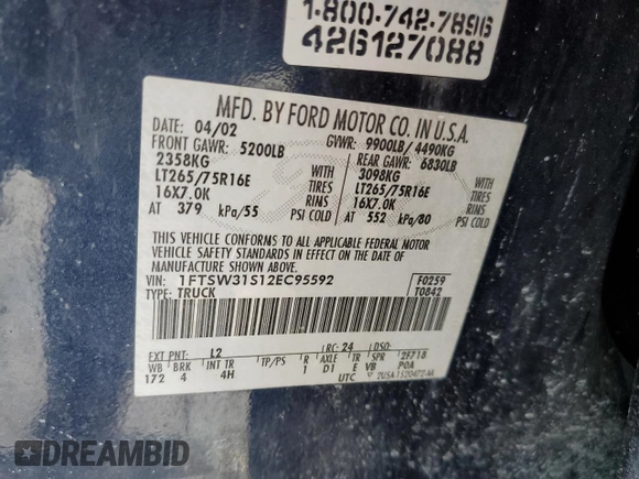 2002 Ford F-350 XL with VIN 1FTSW31S12EC95592, listed as a Copart auction lot 87092644 with 212,043 mi miles and Clean title. Bid and sale history available at DreamBid. Image 12.