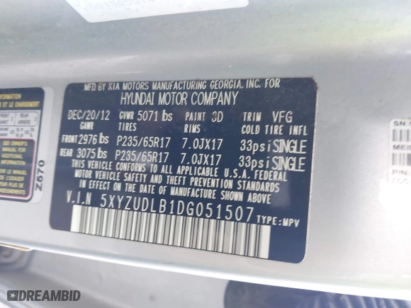 2013 Hyundai Santa Fe Sport with VIN 5XYZUDLB1DG051507, listed as a IAAI auction lot 42068612 with 253,473 mi miles. Bid and sale history available at carsss.com. Image 9.