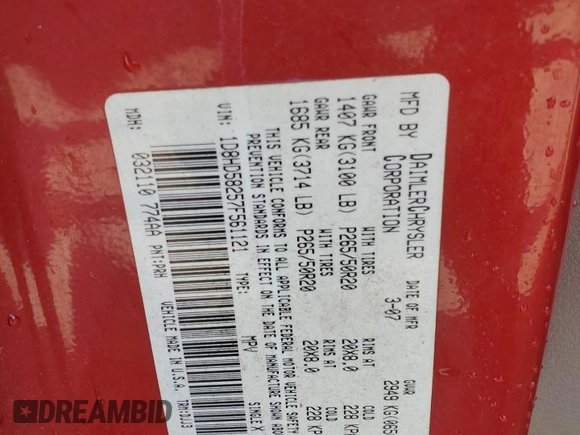 2007 Dodge Durango Limited with VIN 1D8HD58257F561121, listed as a Copart auction lot 81797554 with 198,887 mi miles and Salvage title. Bid and sale history available at DreamBid. Image 13.