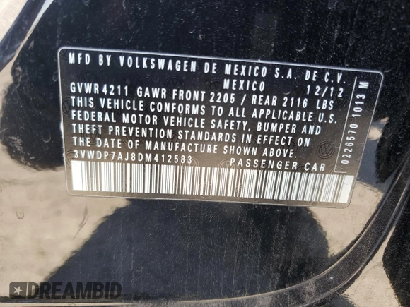 2013 Volkswagen Jetta SE with VIN 3VWDP7AJ8DM412583, listed as a Copart auction lot 49810235 with 180,595 mi miles and Clean title. Bid and sale history available at DreamBid. Image 12.