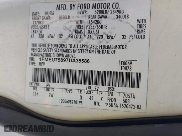 2007 Ford Explorer Limited с VIN 1FMEU75897UA35586, выставлен на аукционе IAAI как лот 42660077 с пробегом 135 507 миль миль и . История ставок и продаж доступна на DreamBid. Изображение 9.