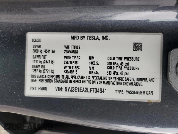 2020 Tesla Model 3 Standard Range Plus z VIN 5YJ3E1EA2LF704941, wystawiony jako Copart lot #58938485 z przebiegiem 34 851 mil mil oraz Szkoda całkowita • Salvage title. Historia ofert i sprzedaży dostępna na DreamBid. Obrazek 13.