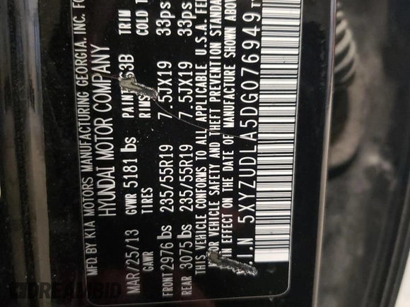 2013 Hyundai Santa Fe Sport z VIN 5XYZUDLA5DG076949, wystawiony jako Copart lot #55758515 z przebiegiem 168 636 mil mil oraz Szkoda całkowita • Salvage title. Historia ofert i sprzedaży dostępna na DreamBid. Obrazek 13.