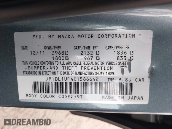 2012 Mazda 3 i Sport with VIN JM1BL1UF4C1586642, listed as a IAAI auction lot 41772930 with 145,282 mi miles and . Bid and sale history available at DreamBid. Image 9.
