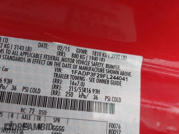 2015 Ford Focus SE with VIN 1FADP3F29FL244041, listed as a IAAI auction lot 42053303 with 132,804 mi miles and . Bid and sale history available at DreamBid. Image 9.