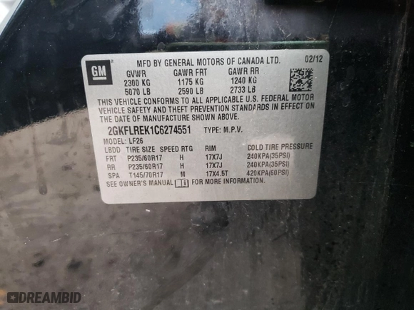 2012 GMC Terrain SLE-1 with VIN 2GKFLREK1C6274551, listed as a Copart auction lot 71653044 with 159,073 mi miles and Non Repairable. Bid and sale history available at carsss.com. Image 14.