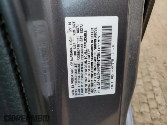 2015 Honda Odyssey Touring Elite z VIN 5FNRL5H96FB047204, wystawiony jako Copart lot #56297985 z przebiegiem 125 482 mil mil oraz Szkoda całkowita • Salvage title. Historia ofert i sprzedaży dostępna na DreamBid. Obrazek 13.