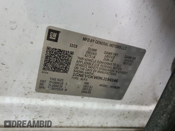 2019 Chevrolet Traverse LT Cloth with VIN 1GNEVGKW0KJ194146, listed as a Copart auction lot 46256905 with 118,487 mi miles and Salvage Title. Bid and sale history available at carsss.com. Image 15.