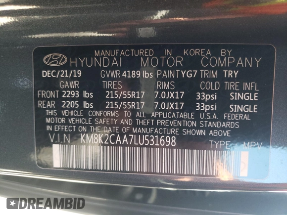 2020 Hyundai Kona SEL with VIN KM8K2CAA7LU531698, listed as a Copart auction lot 49087601 with 27,170 mi miles and . Bid and sale history available at DreamBid. Image 10.