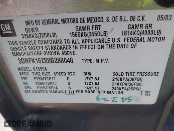 2003 Chevrolet Suburban LT с VIN 3GNFK16Z83G288048, выставлен на аукционе IAAI как лот 40486507 с пробегом 274 663 миль миль и . История ставок и продаж доступна на DreamBid. Изображение 9.